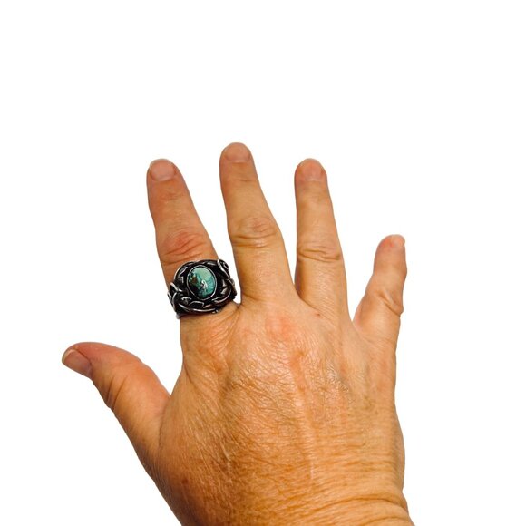 Vintage Chunky Sterling Silver And Turquoise Leaf With Vine Ring (R361) - Picture 6 of 7
